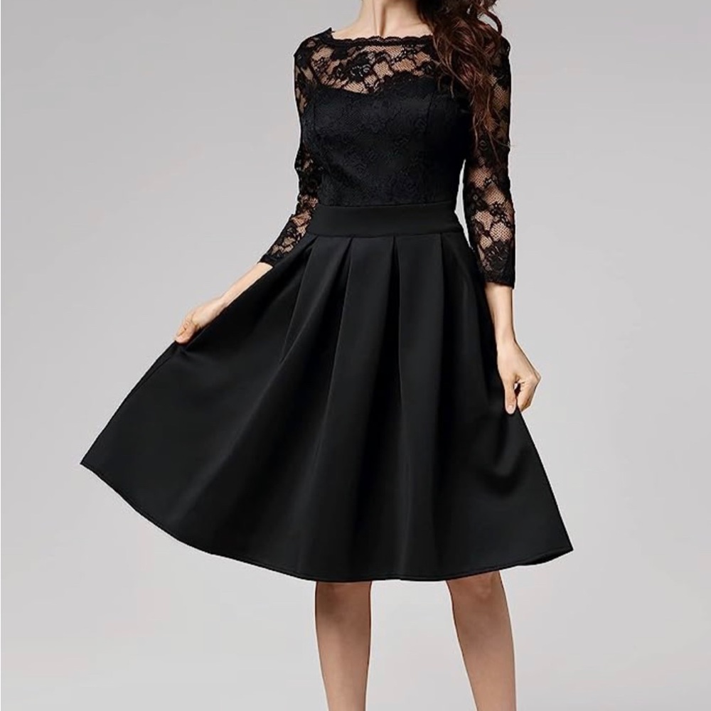 Black Women's Vintage Floral Lace 2/3 Sleeve Bridesmaid Party Dress